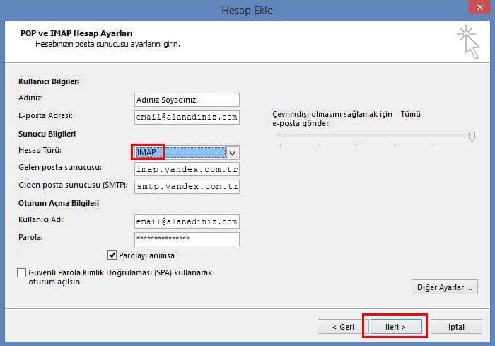 yandex outlook kurulumu 2013 8 1