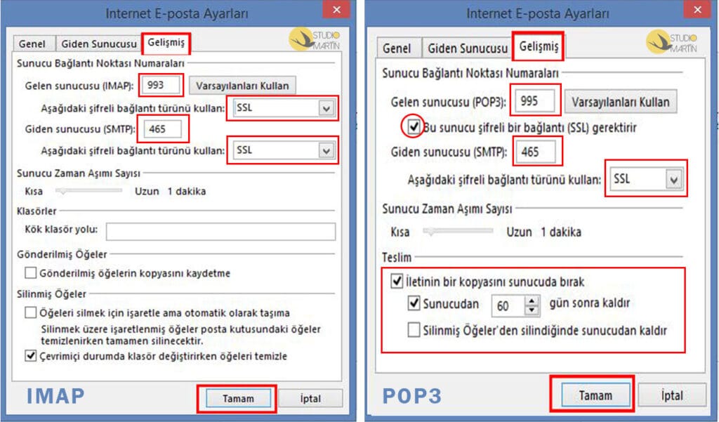 Outlook Kurulumu - Gelişmiş Sekmesi Ayarları - POP3 ve IMAP Hesap Türü Ayarları